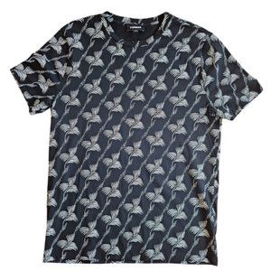 Express Flower Patterned Short Sleeve Crew Neck Tee Shirt Black and White L